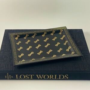 VTG Cera Glass Trinket Tray Smoked Glass Gold Bows MCM 9" x 7"